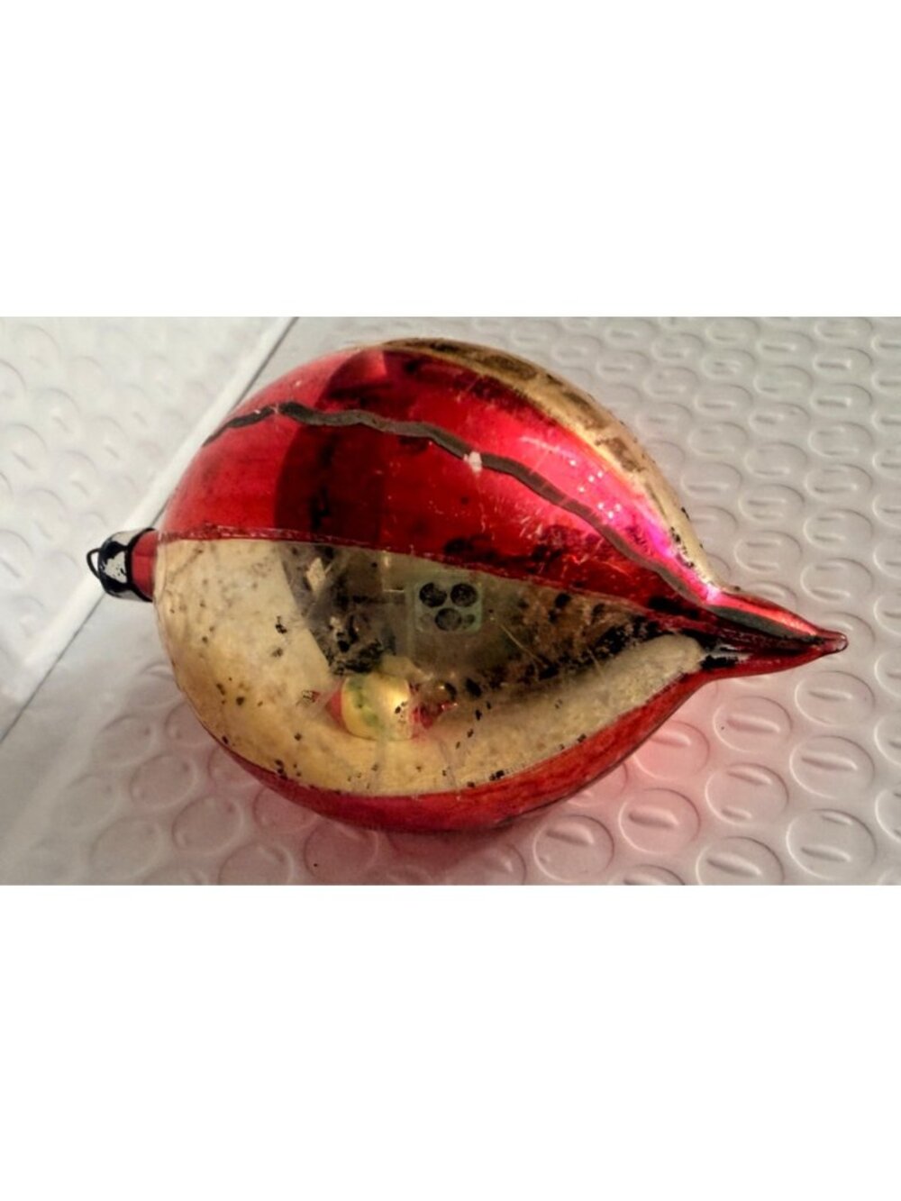 VTG Mercury Glass Ornament Teardrop Indent Poland Reflector red & Gold 4" - Picture 5 of 7